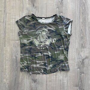 2000s camo bunny distressed top